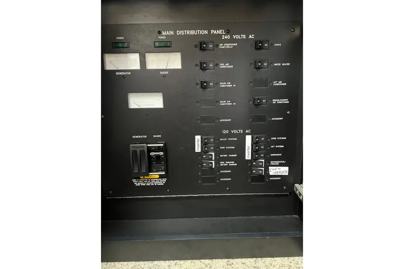 Slide: The Image of Electrical panel of a 2005 Sea Ray 500 Sundancer boat, showing switches and controls. - 34