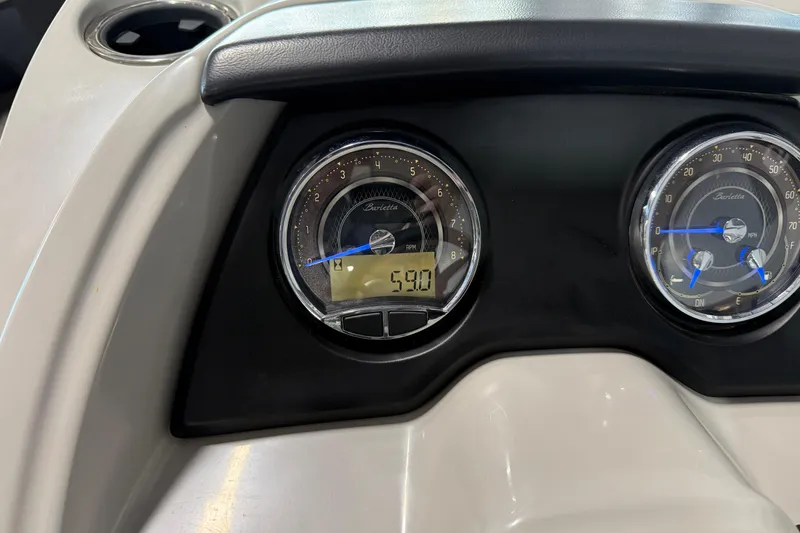 Slide: The Image of 2024 Barletta Cabrio C22UC boat ladder and Mercury engine detail. - 16