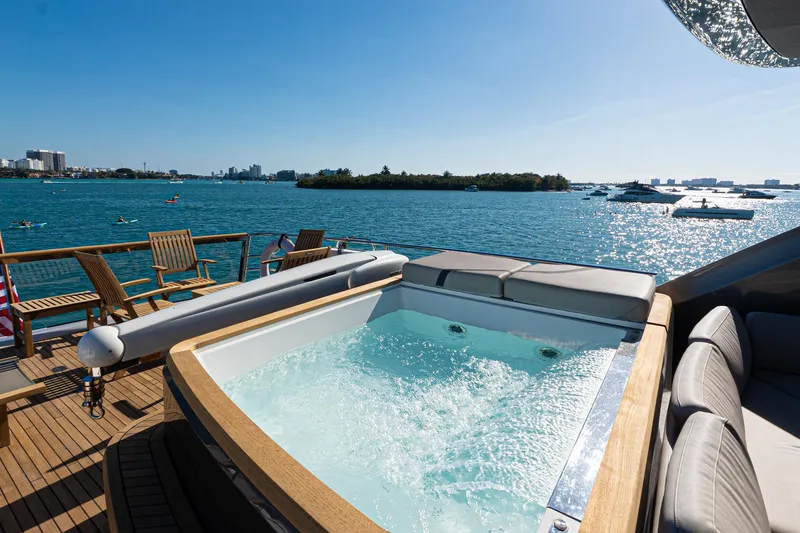 Slide: The Image of Luxurious 2022 Princess Y85 yacht with jacuzzi, overlooking serene ocean view. - 13