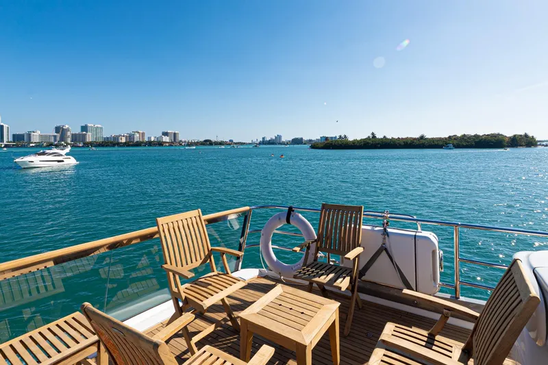 Slide: The Image of Deck view from 2022 Princess Y85 yacht overlooking city skyline and ocean. - 27