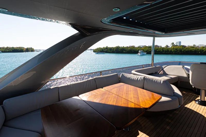 Slide: The Image of Luxurious 2022 Princess Y85 yacht deck with elegant seating and scenic water view. - 28