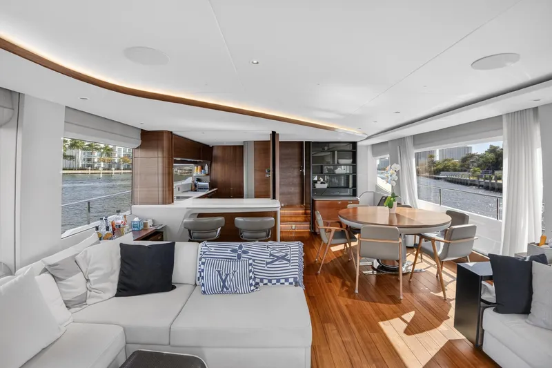 Slide: The Image of Luxurious interior of 2022 Princess Y85 yacht with modern furnishings and scenic water views. - 30