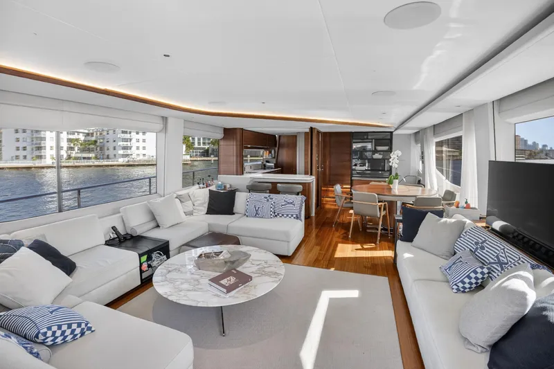 Slide: The Image of Luxurious interior of 2022 Princess Y85 yacht with elegant seating and dining area. - 31