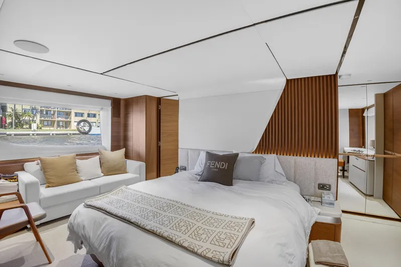 Slide: The Image of Luxurious bedroom interior of 2022 Princess Y85 yacht with modern design and elegant furnishings. - 47