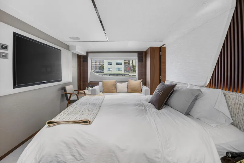 Slide: The Image of Luxurious bedroom interior on 2022 Princess Y85 yacht with modern decor and large window view. - 50