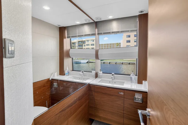 Slide: The Image of Luxurious bathroom interior on 2022 Princess Y85 yacht with modern fixtures and waterfront view. - 65