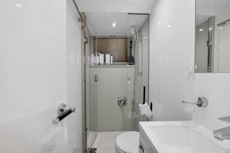 Slide: The Image of Luxurious bathroom in 2022 Princess Y85 yacht with modern fixtures and glass shower. - 70