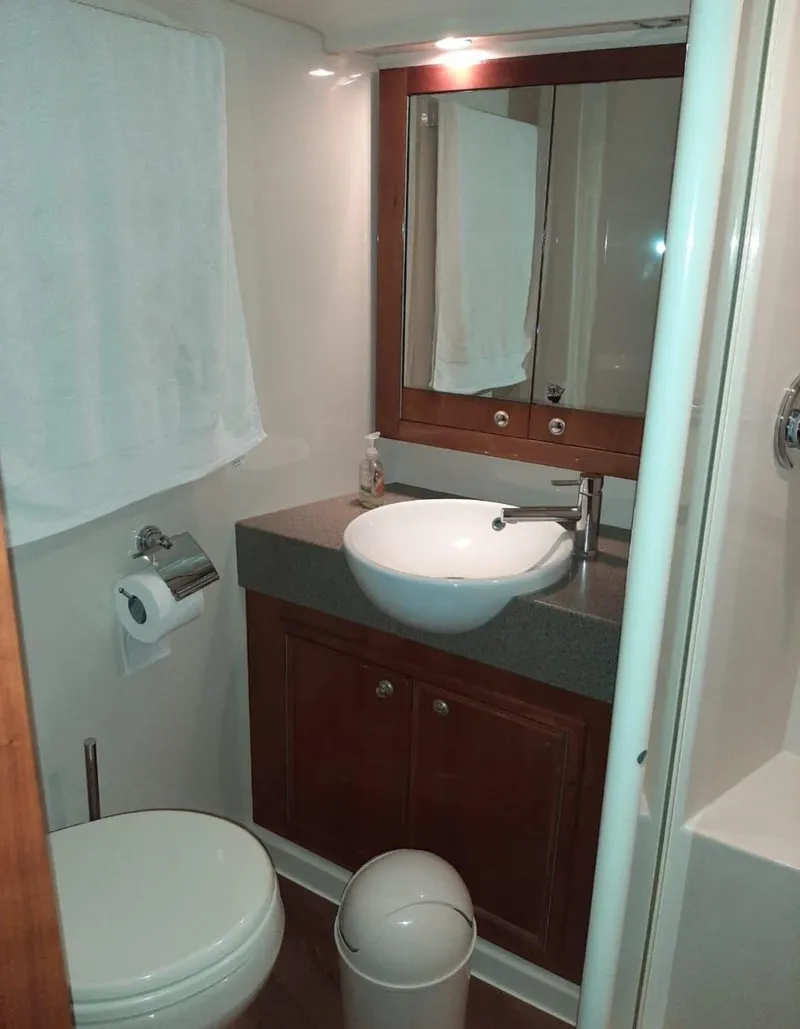 Slide: The Image of 2009 Riviera 47 Enclosed Flybridge Series II bathroom with modern sink and wooden cabinetry. - 24