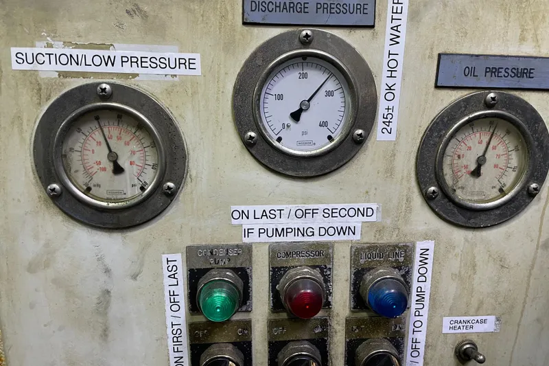 Slide: The Image of Control panel with pressure gauges and switches on a 1973 Custom 58’ Steel Marco Seiner. - 22