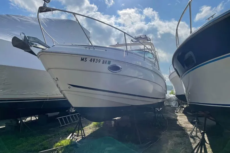 Slide: The Image of 2006 Rinker Fiesta Vee 300 boat on stands under a partly cloudy sky. - 20