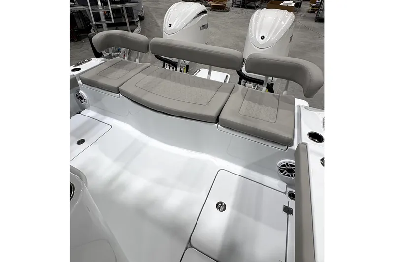 Slide: The Image of Freeman 28 boat 2026 with gray cushions and Yamaha engines. - 3