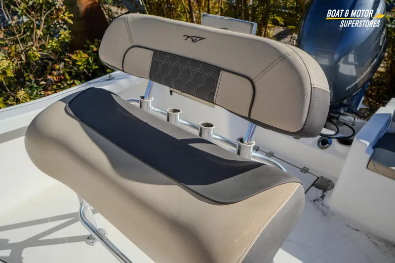 Slide: The Image of 2019 Tidewater 198 CC Adventure boat seat with rod holders, featuring sleek design and comfort. - 26