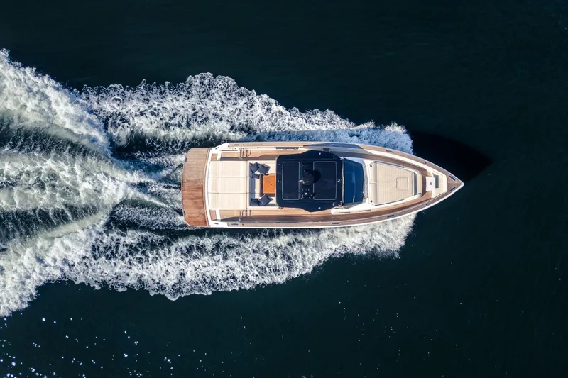 Slide: The Image of Aerial view of 2019 Pardo Yachts P50 cruising on open water. - 14