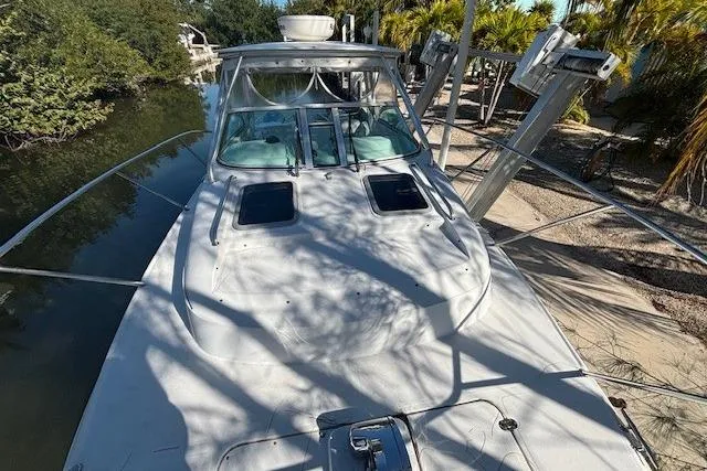 Slide: The Image of 2008 Glacier Bay 2670 Cuddy boat docked near lush greenery and palm trees. - 6