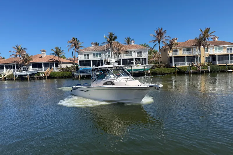 Slide: The Image of 2009 Grady-White Marlin 300 boat cruising near waterfront homes with palm trees. - 3