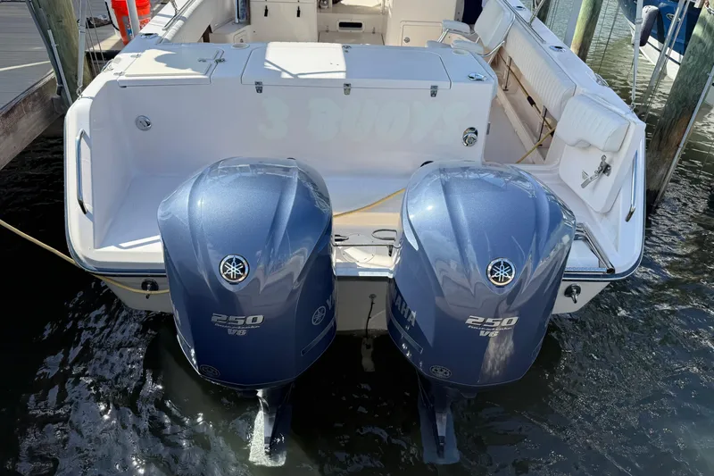 Slide: The Image of 2009 Grady-White Marlin 300 boat with twin Yamaha 250 V6 engines docked. - 33