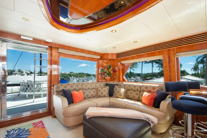 Slide: The Image of Luxurious interior of 2003 Hargrave Skylounge yacht with plush seating and scenic views. - 18