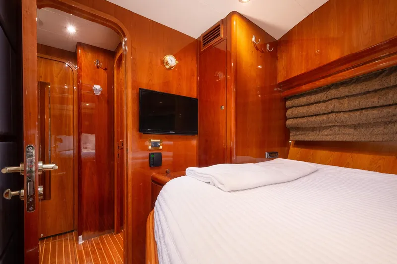 Slide: The Image of Luxurious 2003 Hargrave Skylounge yacht bedroom with wood paneling and modern amenities. - 35