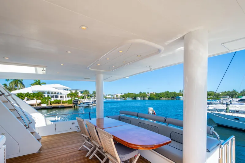 Slide: The Image of Luxurious 2003 Hargrave Skylounge yacht deck with elegant seating and scenic waterfront view. - 8