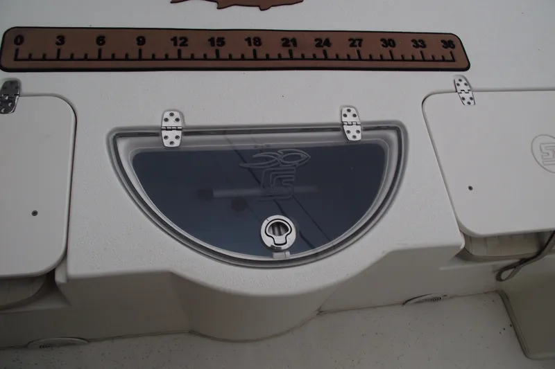 Slide: The Image of 2016 Carolina Skiff 198 DLV boat deck with storage compartments and measuring ruler. - 21