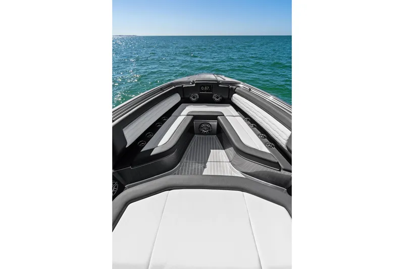 Slide: The Image of 2020 Cigarette 42' Auroris boat interior with luxurious seating on open water. - 10
