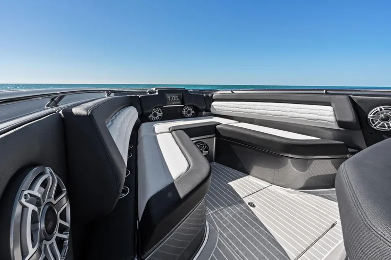 Slide: The Image of Luxurious interior of 2020 Cigarette 42' Auroris boat with ocean view. - 12