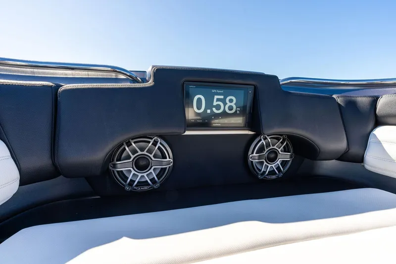 Slide: The Image of 2020 Cigarette 42' Auroris dashboard with GPS speed display and speakers. - 14