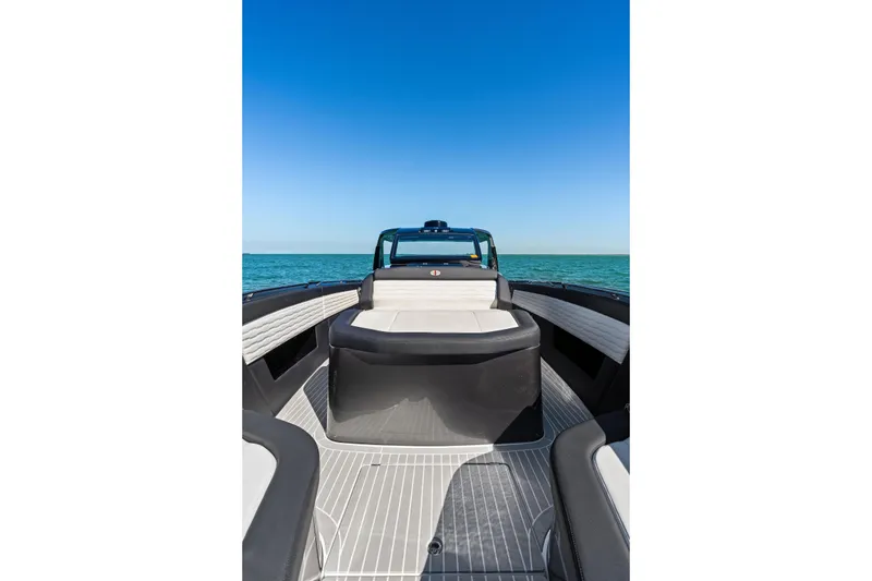Slide: The Image of 2020 Cigarette 42' Auroris boat interior with ocean view and clear blue sky. - 15