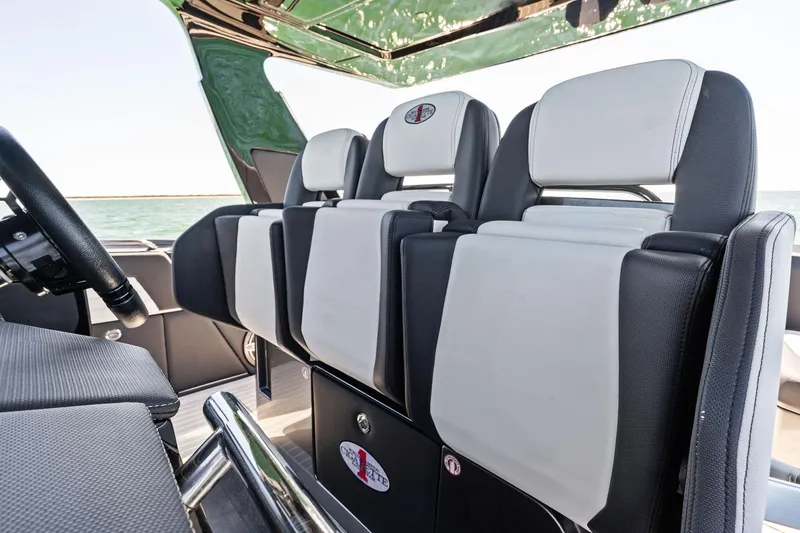 Slide: The Image of Interior seating of 2020 Cigarette 42' Auroris boat, featuring modern design and comfort. - 27