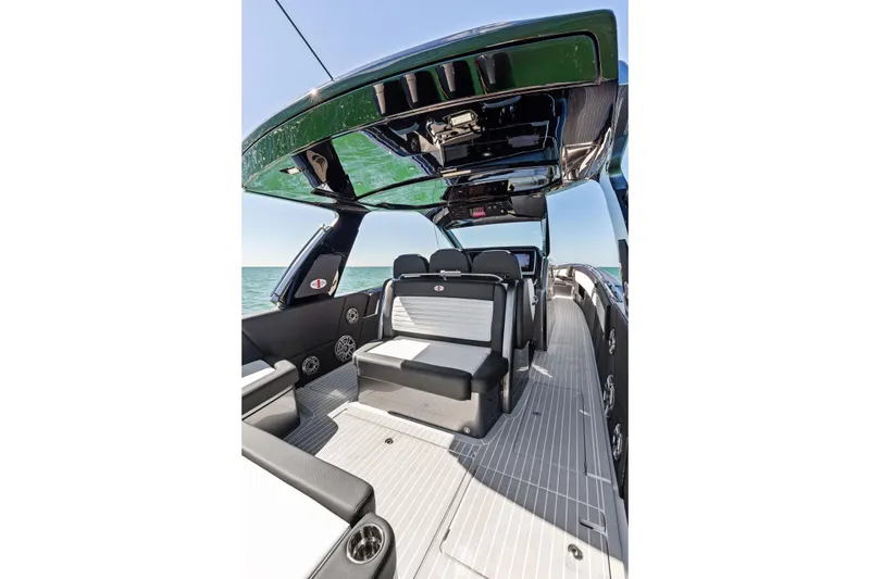 Slide: The Image of 2020 Cigarette 42' Auroris boat interior with sleek seating and modern design. - 35