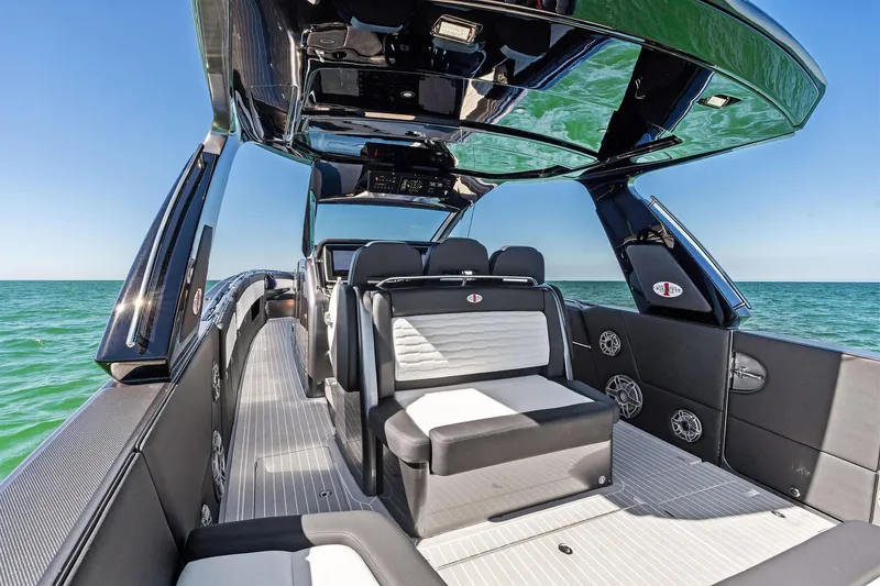 Slide: The Image of 2020 Cigarette 42' Auroris luxury boat interior on open water. - 36