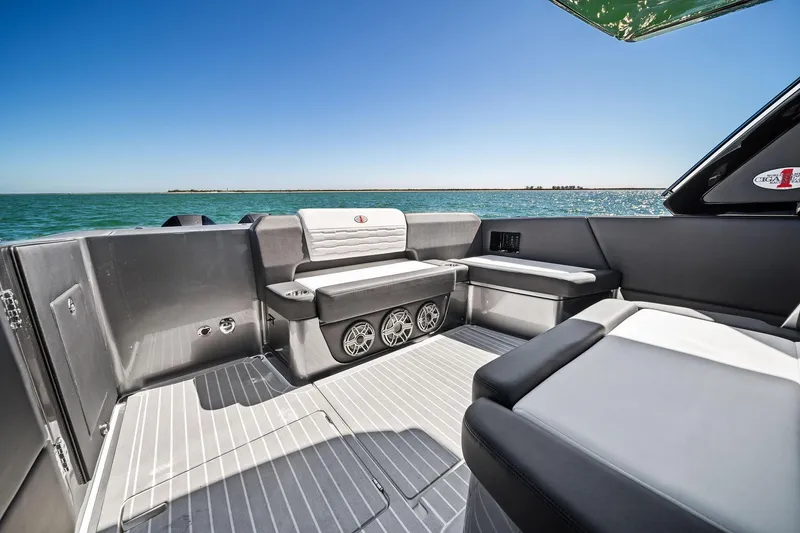 Slide: The Image of 2020 Cigarette 42' Auroris boat interior with sleek seating and ocean view. - 38