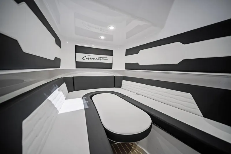 Slide: The Image of Luxurious interior of 2020 Cigarette 42' Auroris boat with sleek black and white design. - 41
