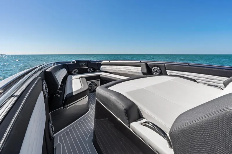 Slide: The Image of 2020 Cigarette 42' Auroris luxury boat interior with ocean view. - 9