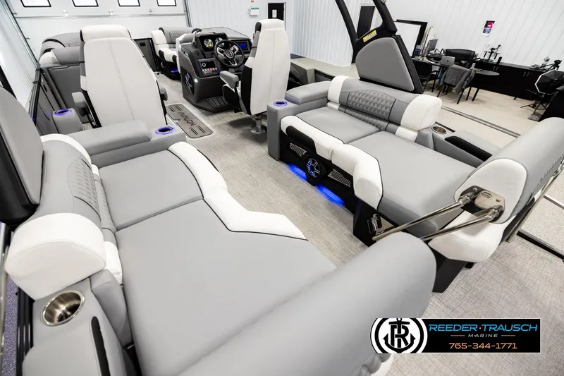 Slide: The Image of Luxurious interior of 2026 Avalon CAT QLS boat with plush seating and modern design. - 11