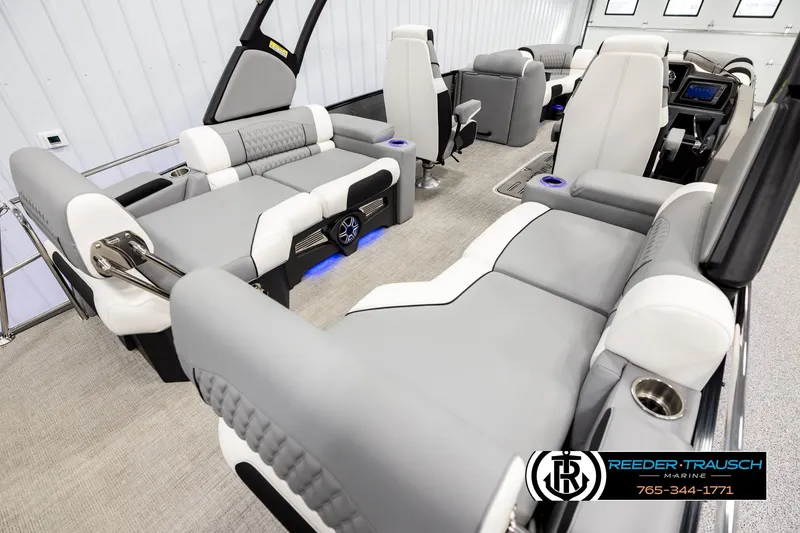 Slide: The Image of Luxurious interior of 2026 Avalon CAT QLS pontoon boat with plush seating. - 12