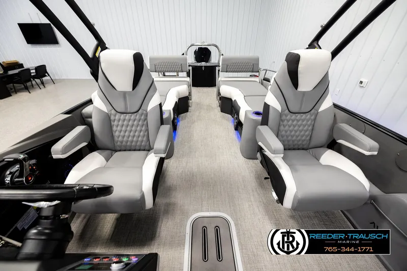 Slide: The Image of Interior of 2026 Avalon CAT QLS boat with modern seating and sleek design. - 14