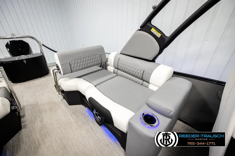 Slide: The Image of Luxurious seating on 2026 Avalon CAT QLS boat with modern design and ambient lighting. - 21