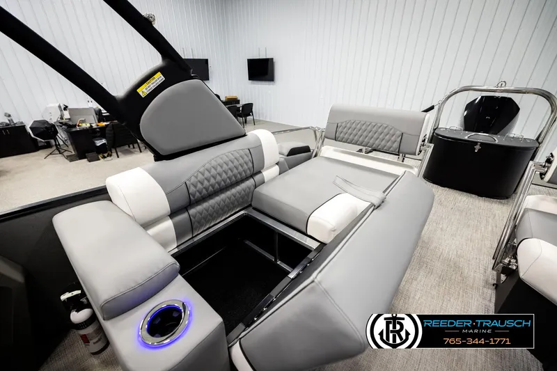 Slide: The Image of Luxurious interior of 2026 Avalon CAT QLS pontoon boat with modern seating and amenities. - 27