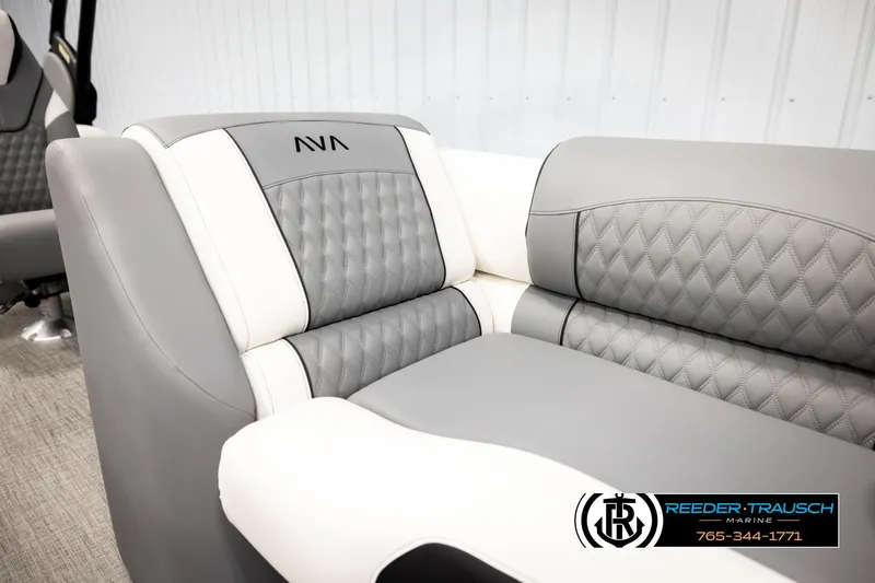 Slide: The Image of Luxurious Avalon CAT QLS 2026 boat seating with elegant gray and white upholstery. - 42