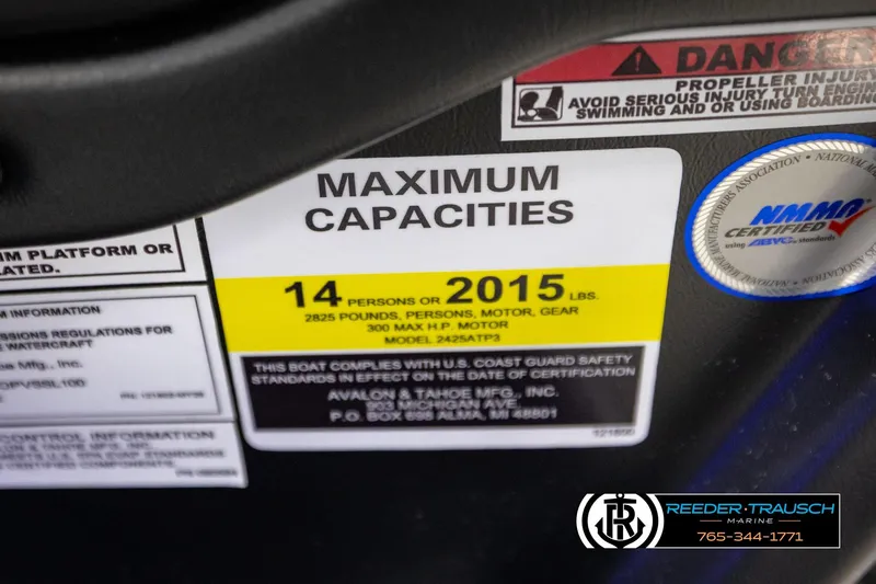 Slide: The Image of Maximum capacity label for Avalon CAT QLS 2026, 14 persons or 2015 lbs, NMMA certified. - 62
