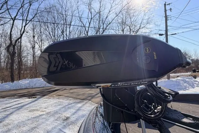 Slide: The Image of 2026 Vexus DVX22 boat detail with advanced trolling motor in snowy landscape. - 10