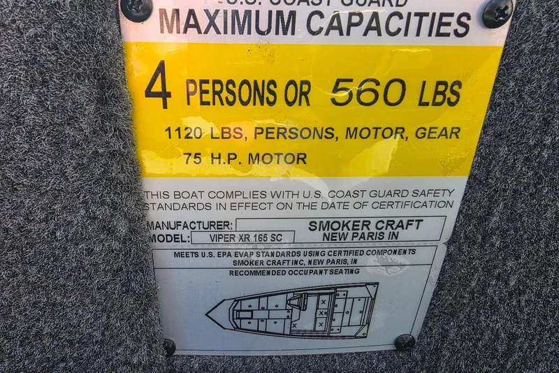 Slide: The Image of Smoker Craft Viper 165 capacity label, 4 persons or 560 lbs, 2026 model. - 5
