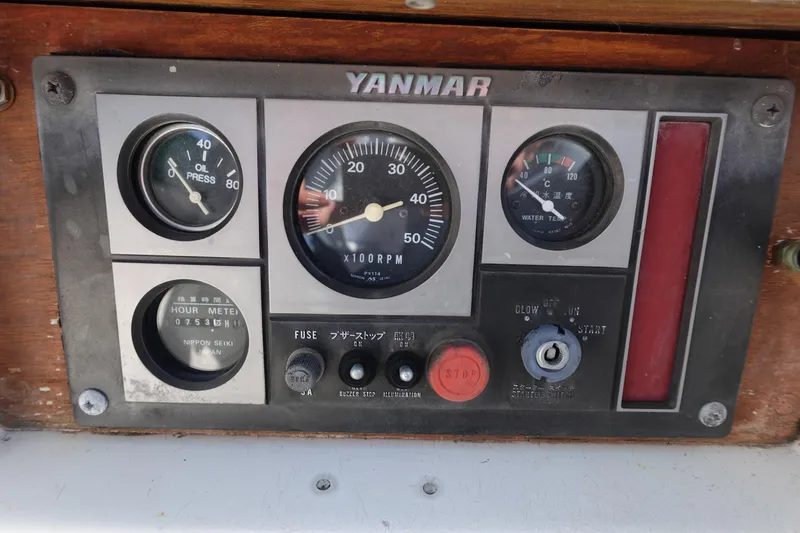 Slide: The Image of Control panel of a 1978 Morgan 382 sailboat with Yanmar engine gauges. - 78