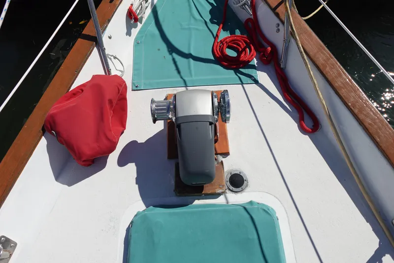 Slide: The Image of Deck of 1978 Morgan 382 sailboat with winch and ropes. - 8