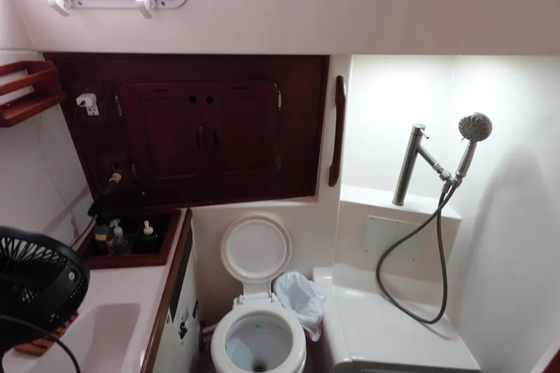 Slide: The Image of 1978 Morgan 382 yacht bathroom with toilet, sink, and showerhead. - 23