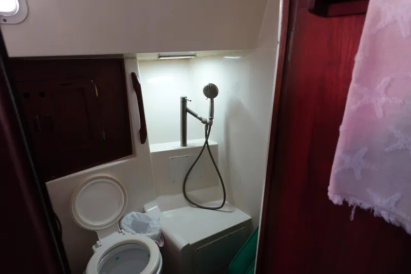Slide: The Image of 1978 Morgan 382 yacht bathroom with toilet and showerhead. - 24