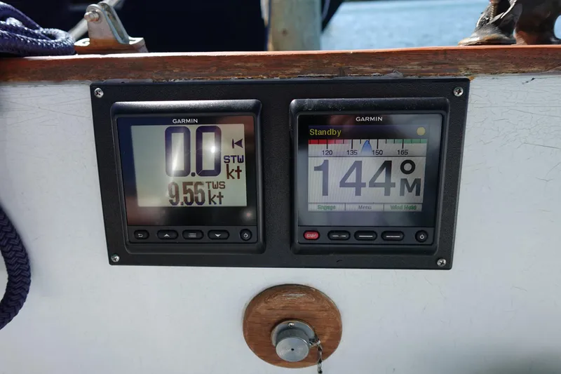 Slide: The Image of Garmin navigation instruments on a 1978 Morgan 382 sailboat dashboard. - 83