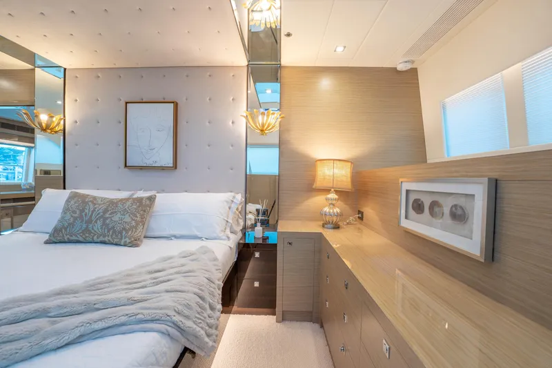 Slide: The Image of Luxurious 2021 Horizon yacht bedroom with elegant decor and ambient lighting. - 12