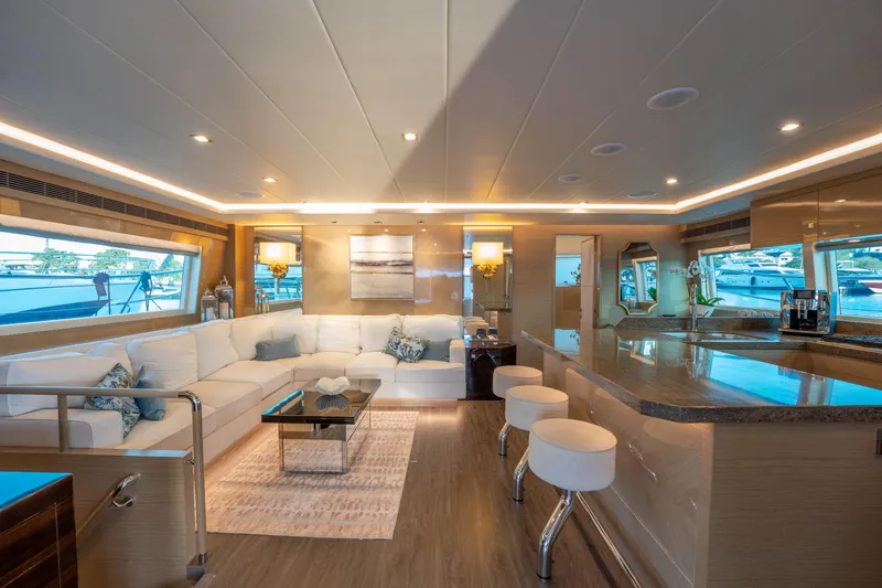 Slide: The Image of Luxurious 2021 Horizon yacht interior with modern decor, spacious seating, and elegant lighting. - 2